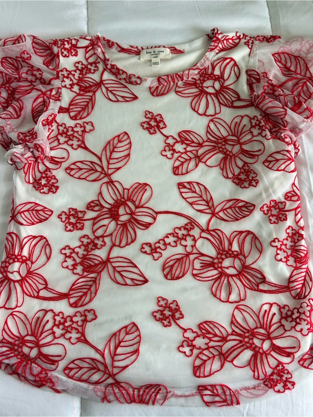 Kim & Cami White Top with Red Floral Embroidery